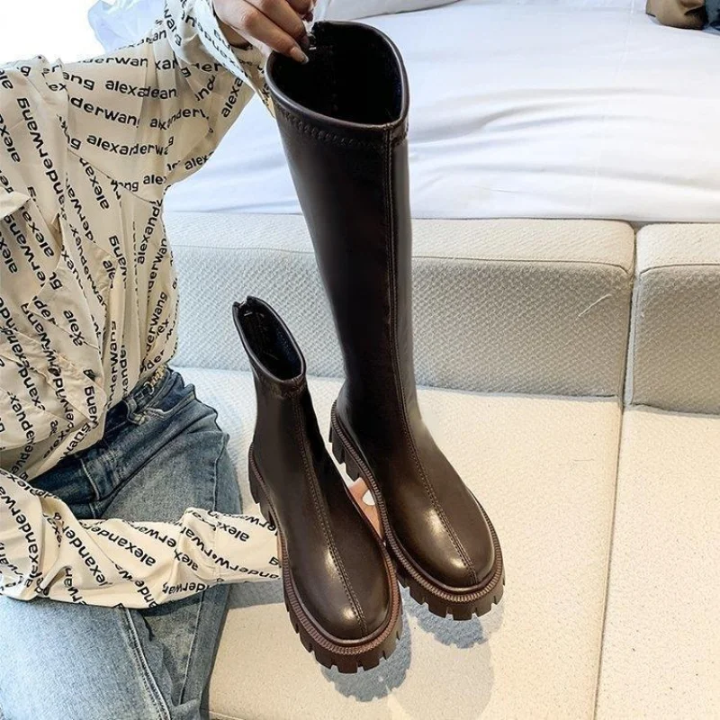 2023 New Platform Women's Boots PU Leather Ladies Zipper Rider Platform Flats Fashion Winter High Heels Knee Boots