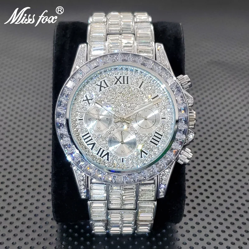 High End Luxury Men Watch Iced Out Spare CZ Diamond Quartz Wristwatch Fashion Silver Stainless Steel Chronograph Clock Hot Sale