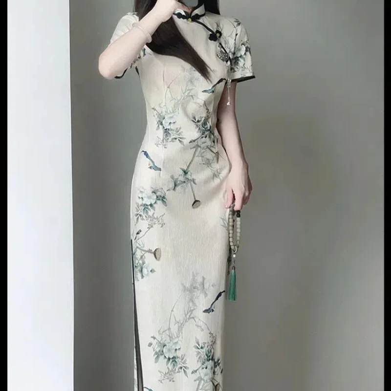 Женское платье-Ципао с коротким рукавом и воротником-стойкой в китайском стиле