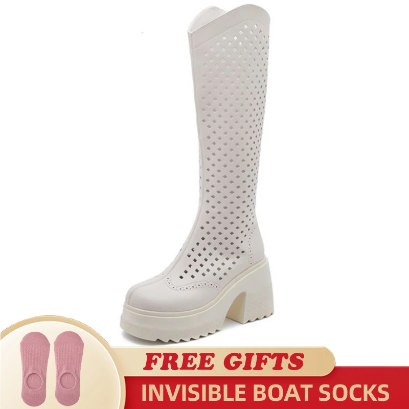 10cm Genuine Leather Mid Calf Thick Sandal Booties Summer Antiskid Hollow Women  Fashion Zipper Design High Boots Platform Shoes