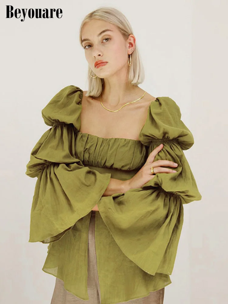 

Beyouare Flare Sleeve Vintage Women's Shirt Fashion Folds Square Collar Split Tops Autumn Lady Elegant Beach Style Streetwear