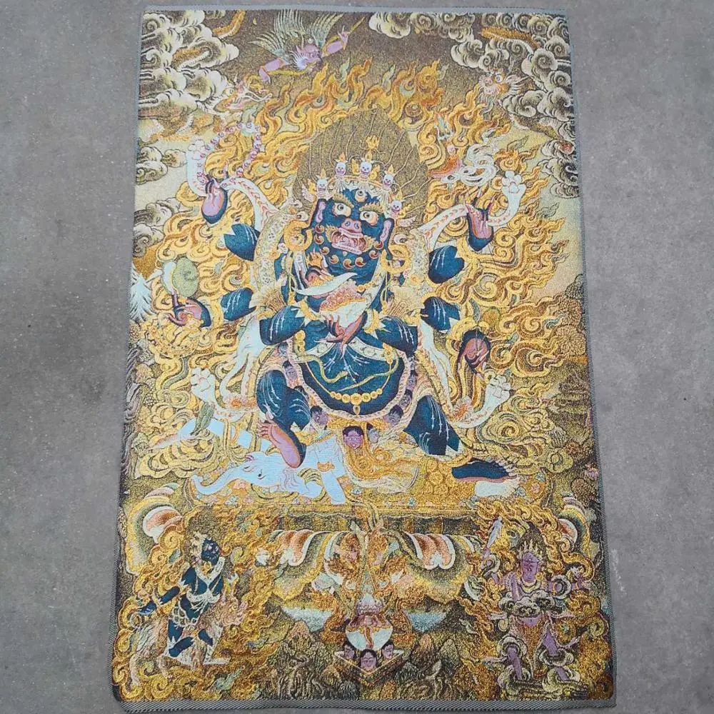 

35"Thangka Embroidery Tibetan Buddhism silk embroidery brocade Nepal Six-armed Mahakala Senju Thousand eyes Thangkas