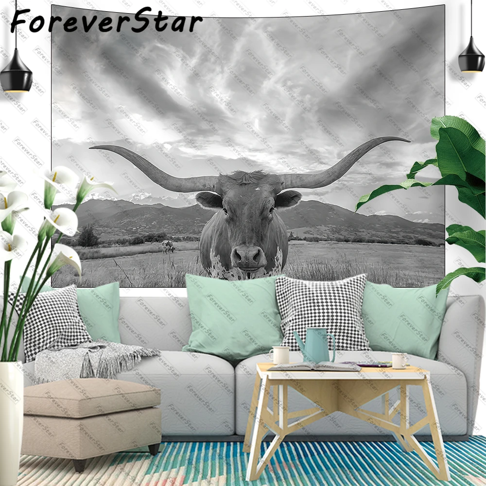 

ForeverStar деревенский фермерский гобелен черно-белый Техасский Longhorn Steer в сельской ферме настенный гобелен для спальни