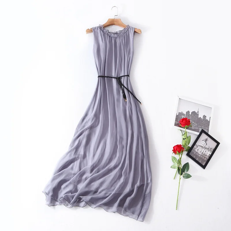 

New Summer Lady Mid Length Dress Sleeveless Temperament Pure Silk Dresses Boutique Women Belt Large Swing Loose Solid Color Thin