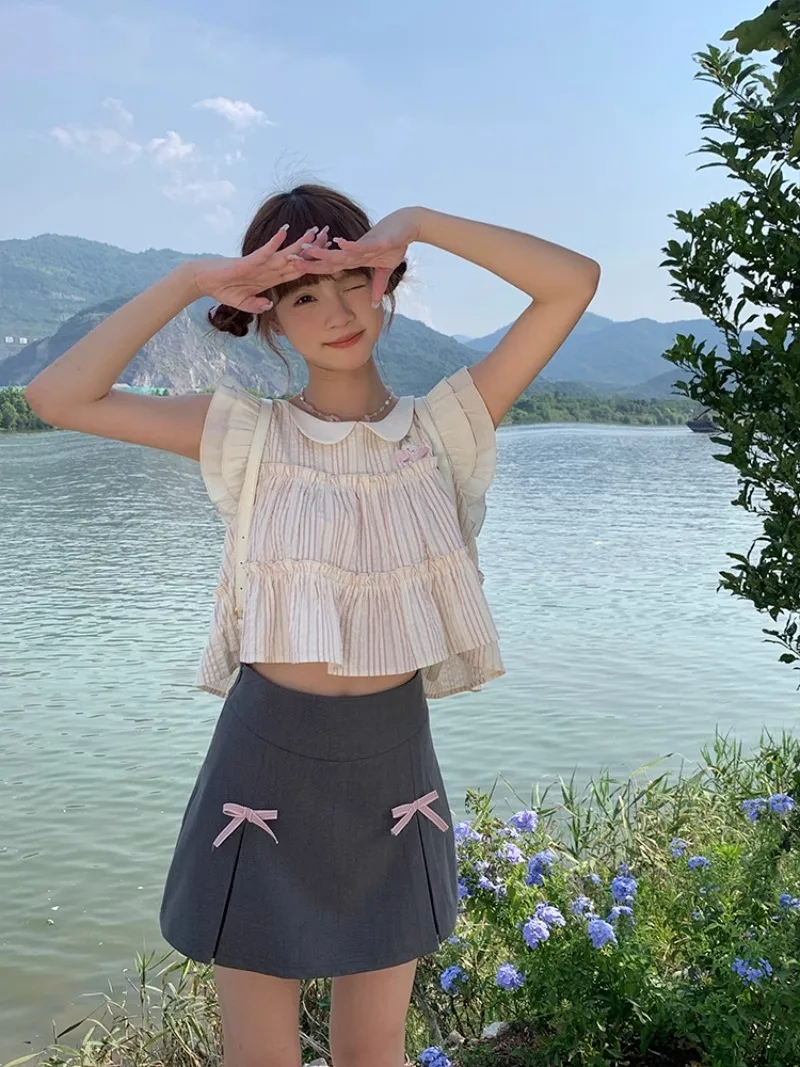 Лето 2024 розовая рубашка в полоску с кукольным воротником и коротким рукавом топ