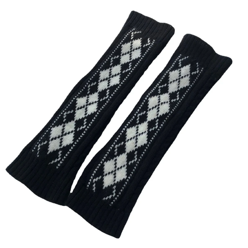 

Women Winter Cable Knit Leg Warmers Student Argyle Plaid Print Foot Cover Socks 37JB