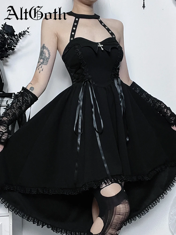 

AltGoth Aesthetic Gothic Princess Dress Women Fairy Grunge Cross Eyelet Halter High Waist Bandage Corset Dress Y2k 90s Clubwear