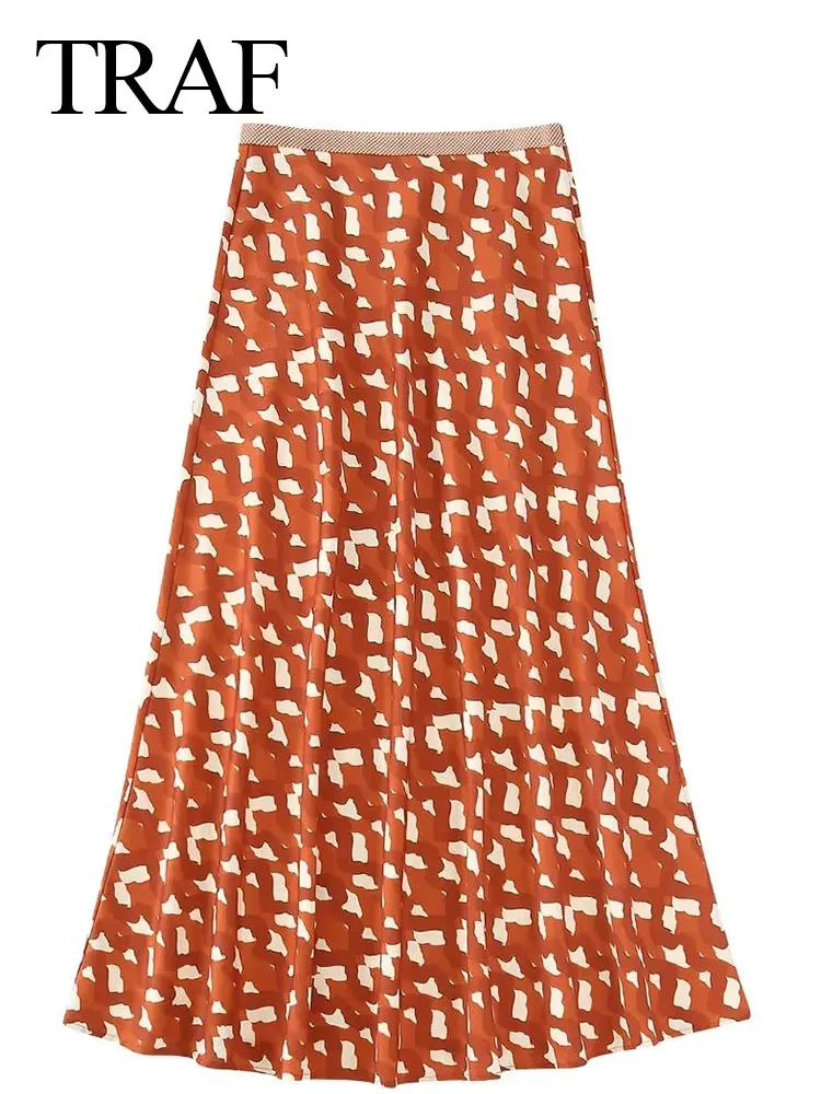 

TRAF Women 2022 Summer Printed Skirt A-line Retro 2022 Fashion Elegant Chic Long Swing Skirt Trend Seaside Holiday Female Wear