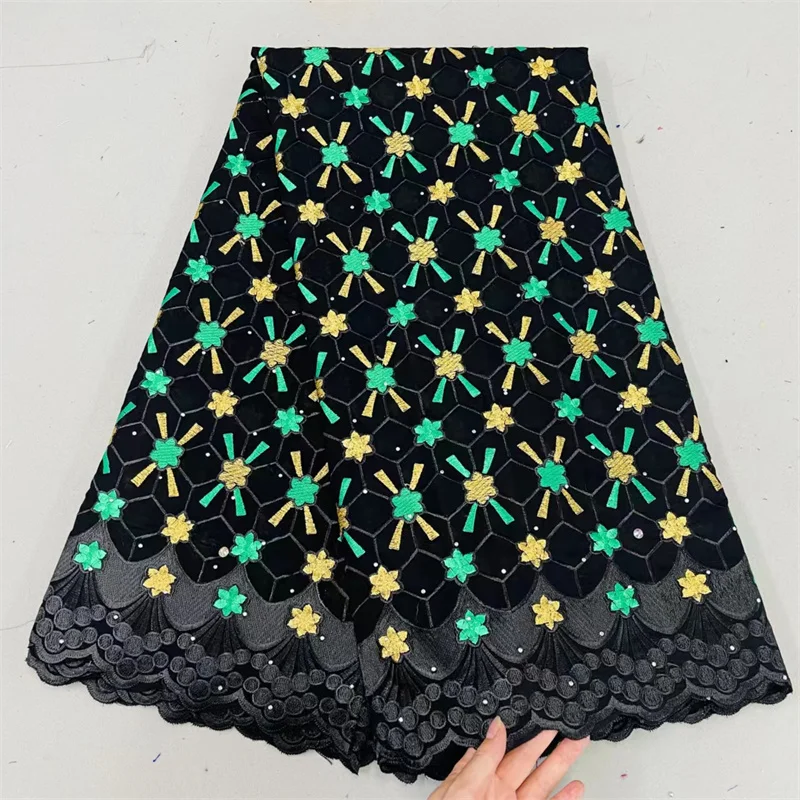 

Швейцарская Кружевная Ткань 5 ярдов, новейшая Тяжелая вышивка бисером, африканская 100% хлопчатобумажная ткань, швейцарская вуаль, кружево, п...