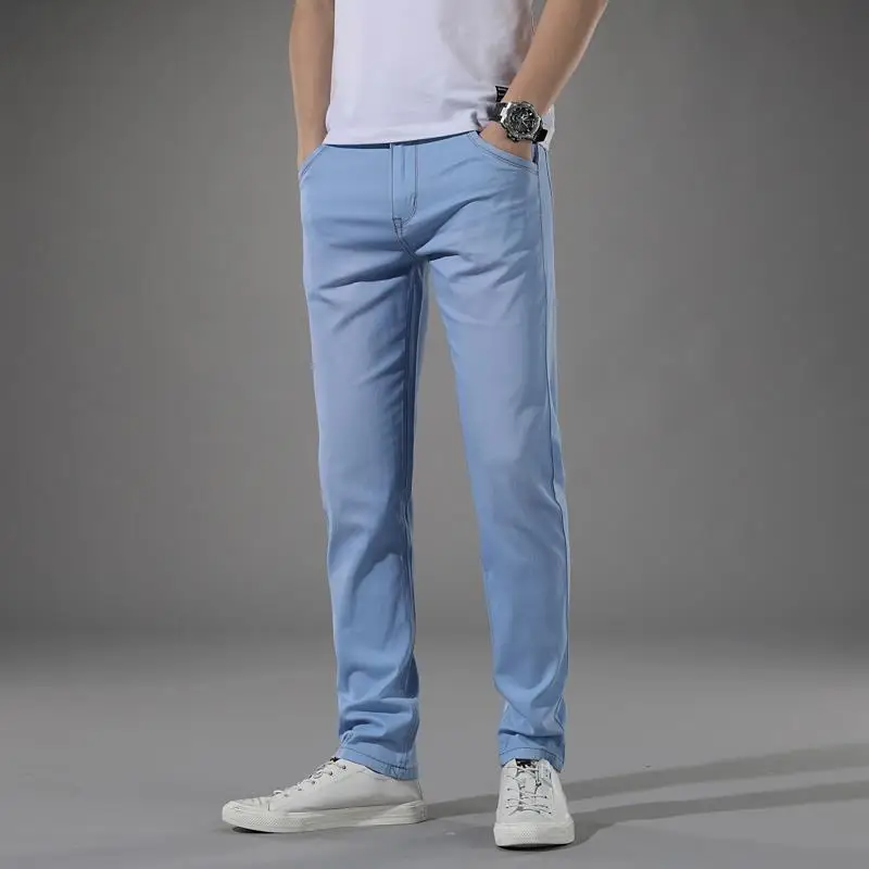 Summer thin ice silk high elastic jeans tide soft light blue young man straight cultivate one's morality long pants