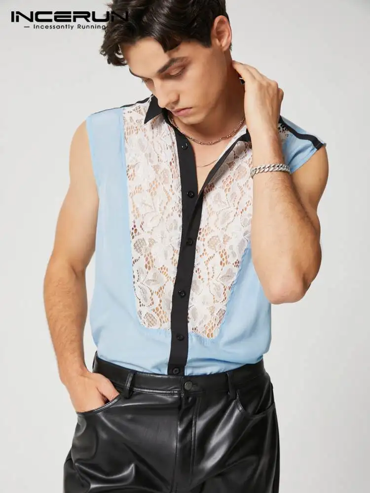 

2022 Мужская рубашка INCERUN, сетчатая, Лоскутная, с отворотом, без рукавов, на пуговицах, Просвечивающая рубашка, уличная мода, повседневная мужс...