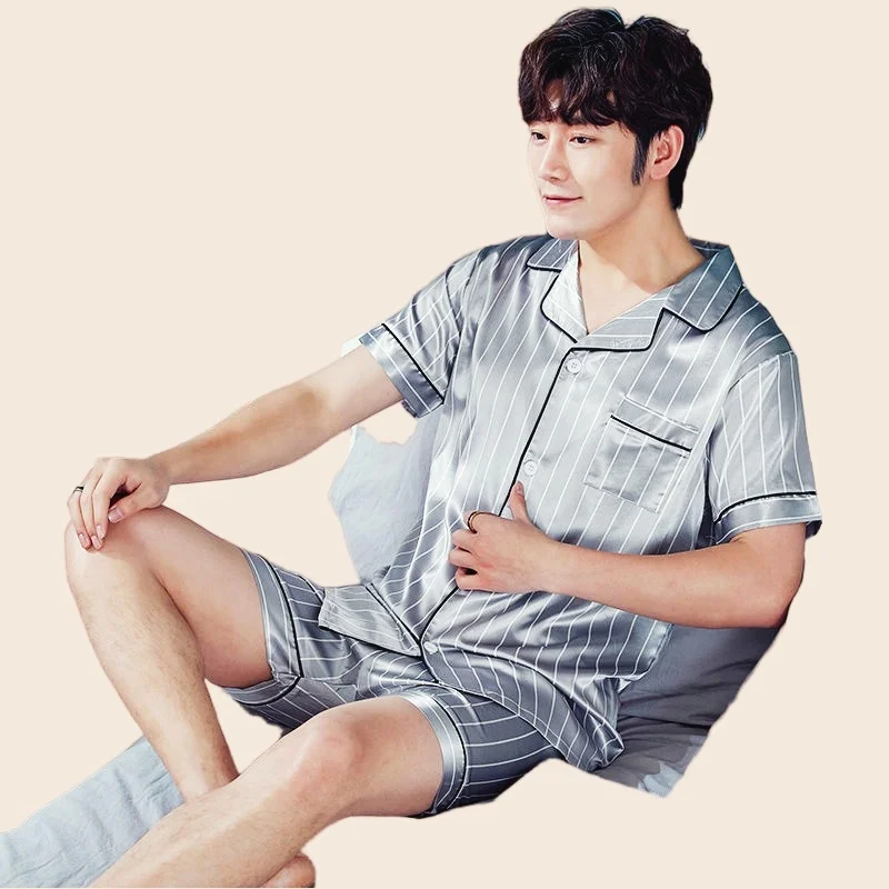 Men's Summer Pajamas Set Short Sleeve T-shirt Shorts 2Piece/Set Sexy Stripe Print Pyjama Big Size Homewear Cozy PJS