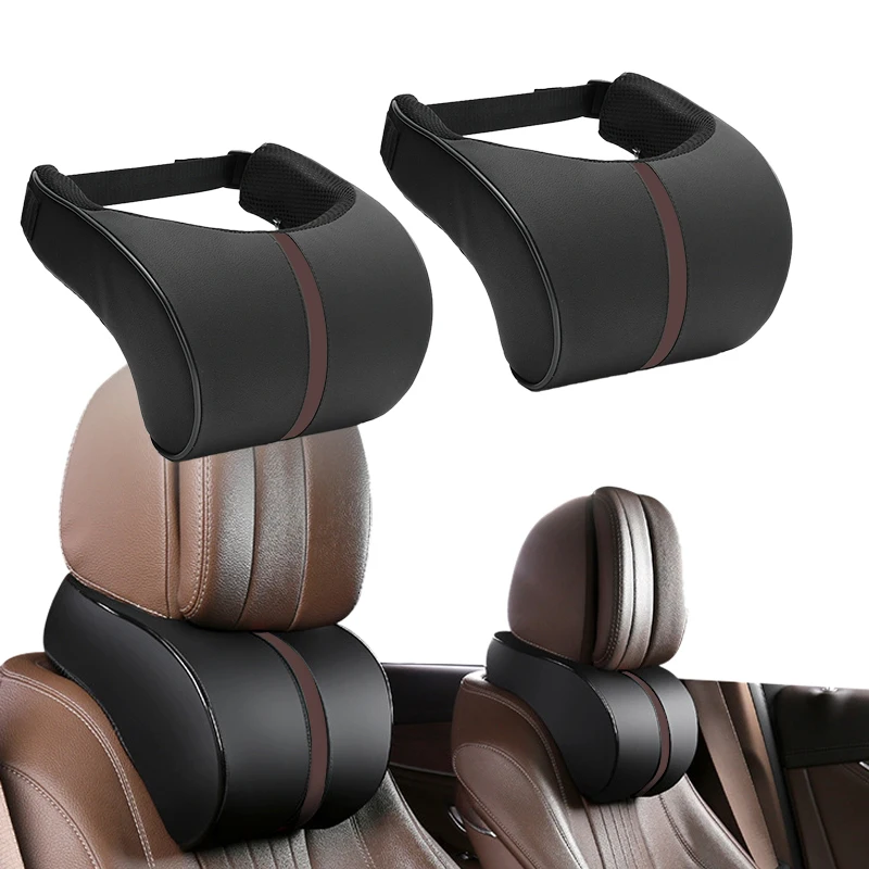 

2Pcs Black with Brown Stripe Front & Rear Memory Foam Car Seat Headrest Head Neck Rest Support Pads Pillows Cushions