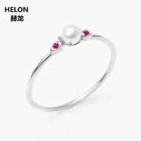 Solid 14k White Gold 3.5MM Round Natural Freshwater Pearl Ring Natural Ruby Engagement Wedding Ring for Women Fine Party Jewelry