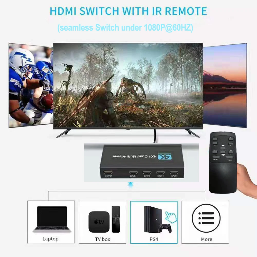 4K HDMI мультипросмотр 4x1 1080p четырехэкранный 4 в 1 бесшовный Переключатель hdmi для PS4