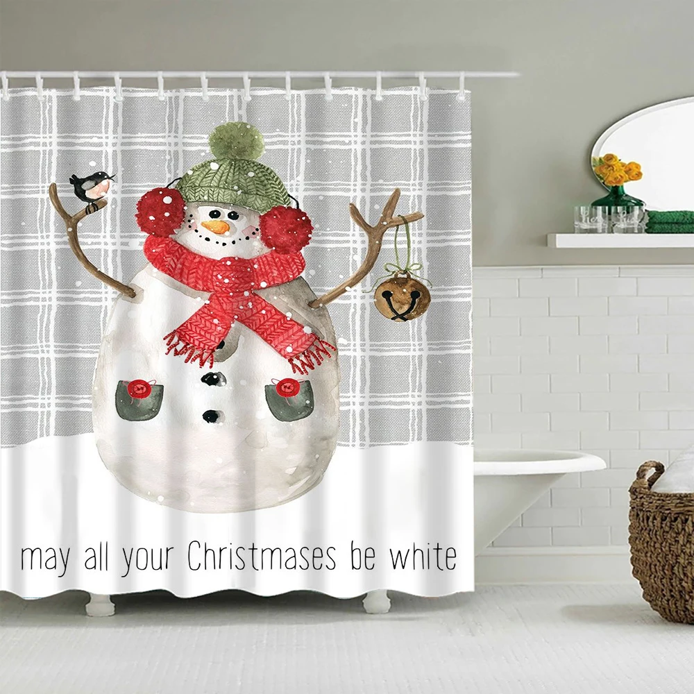 

Snowflake Christmas Shower Curtain Winter Snowy Forest Snowman Xmas Tree Waterproof Fabric Bath Curtain Bathroom Decor with Hook