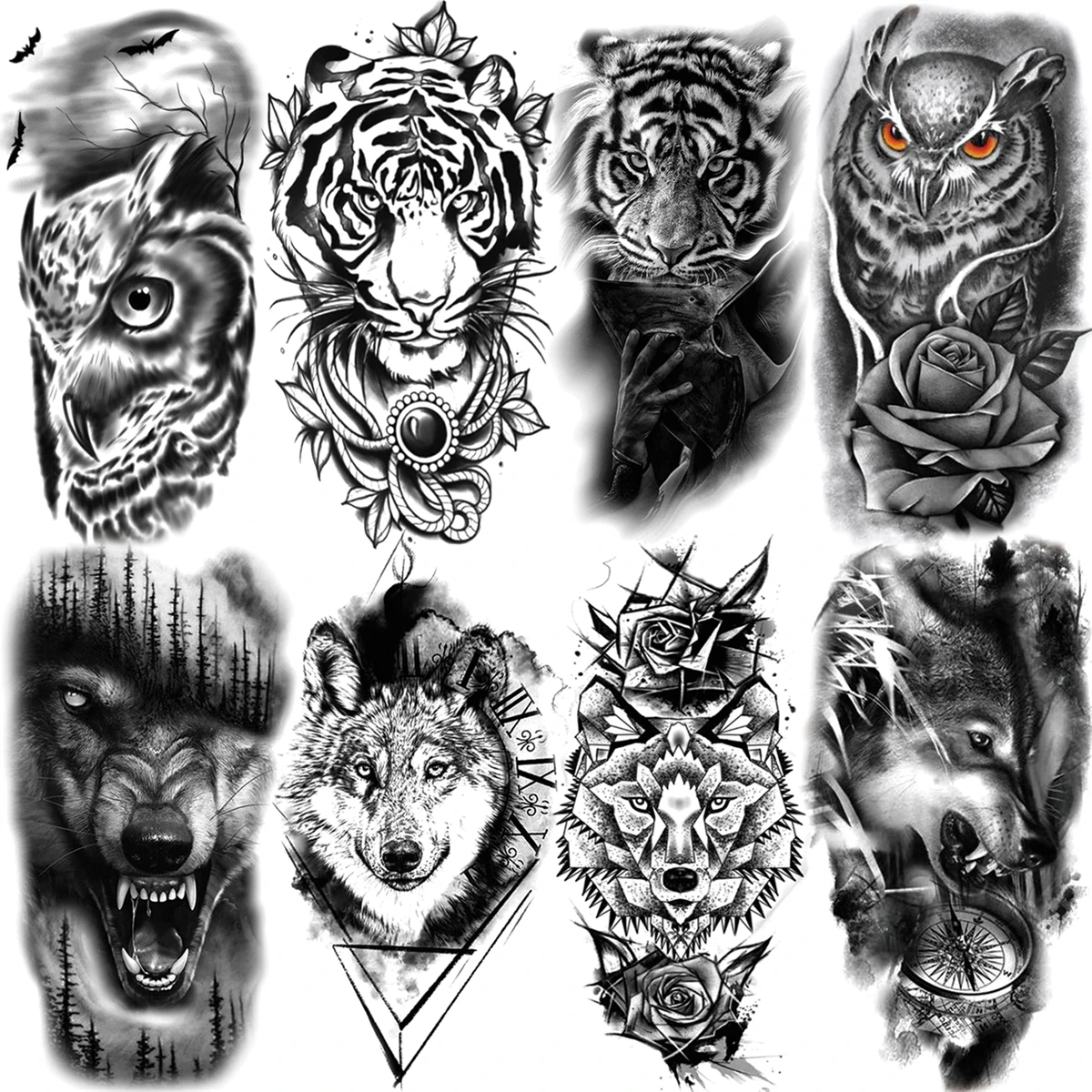 

Tiger Wolf Owl Fake Tattoo Temporary Tattoos For Men Adult Women Geometry Compass Warrior Forest Fake Tattoo 3D Washable Tatoos