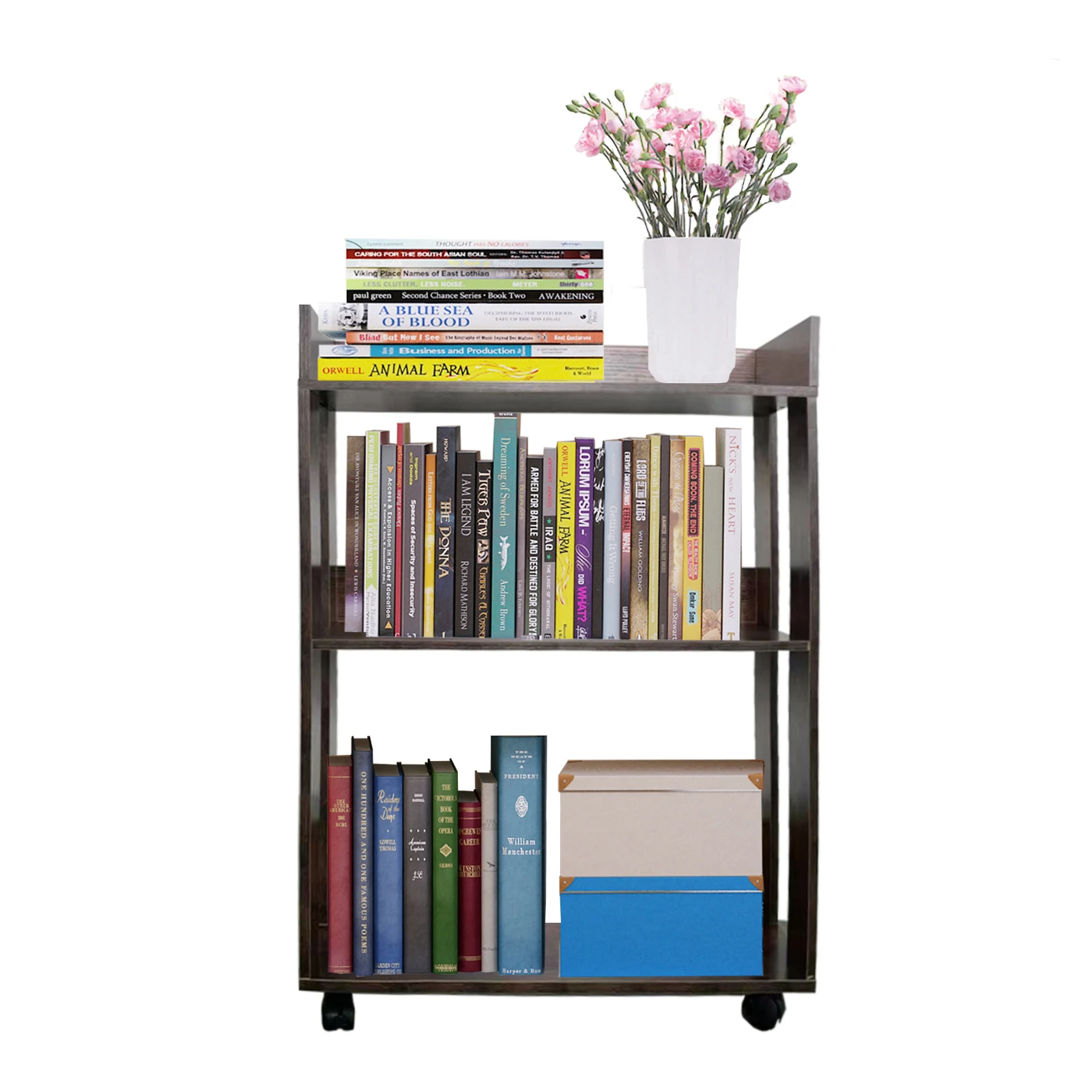 

3-Tier Open Bookshelf, Bookshelves Storage Display Cabinet with Universal Wheels, Movable Standing Bookcase, Wood Storage Rack