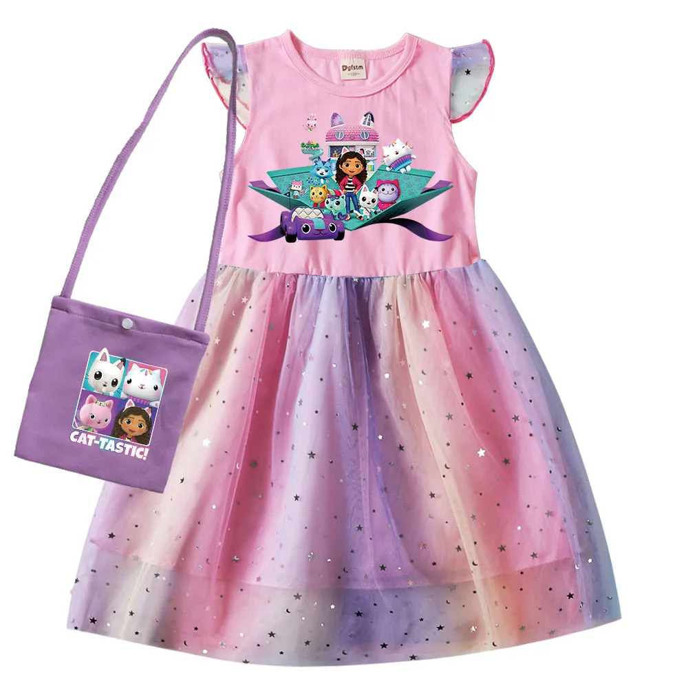 Gabby's Dollhouse Kids Summer Dress Baby Girls Cute Gabby Cats Lace Princess Dress Toddler Girls Birthday Party Dresses+Bag