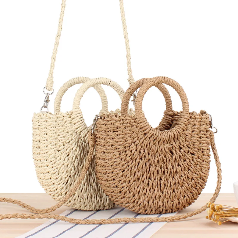 

Summer Handmade Bags for Women Beach Weaving Ladies Straw Bag Wrapped Beach Bag Moon Shaped Top Handle Handbags Totes
