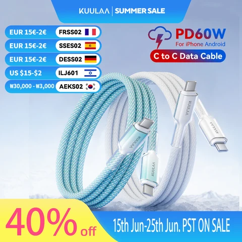 KUULAA Кабель USB C — USB Type C Кабель PD 60 Вт Шнур для быстрой зарядки USBC — Type-C Кабель для iPhone16 15 Samsung MacBook iPad Xiaomi