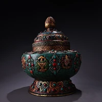 9 tibetan temple collection old bronze outline in gold painted mosaic gem auspicious eight treasures treasure pot town house