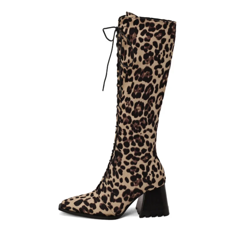 

Lilyptuart Size 48 Long Boots for Woman Winter 2022 Fashion New Lace-up Chunky Heels Knee-high Leopard Print Boots Women's Shoes