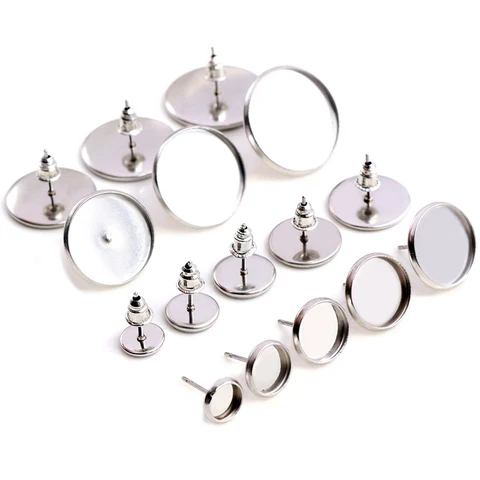 6/8/8/10/12mm-20mm de brilho de aço inoxidável, brincos em branco/base, ajuste cabochons de vidro de 6 a 20 mm, botões; molduras de brinco