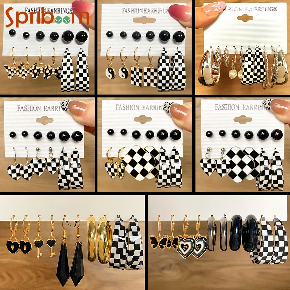 

Black White Plaid Earrings Set for Women Heart Butterfly Drop Earring Geometric Circle Jewelry Girls Personality Accessories