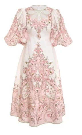 

Женское винтажное платье средней длины, розовое платье с рукавами-фонариками и вышивкой белого цвета, лето 2022
