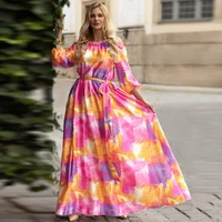long dress for women 2022 autumn floral slash neck off shoulder holiday dresses printed belt long sleeve fashion party vestidos
