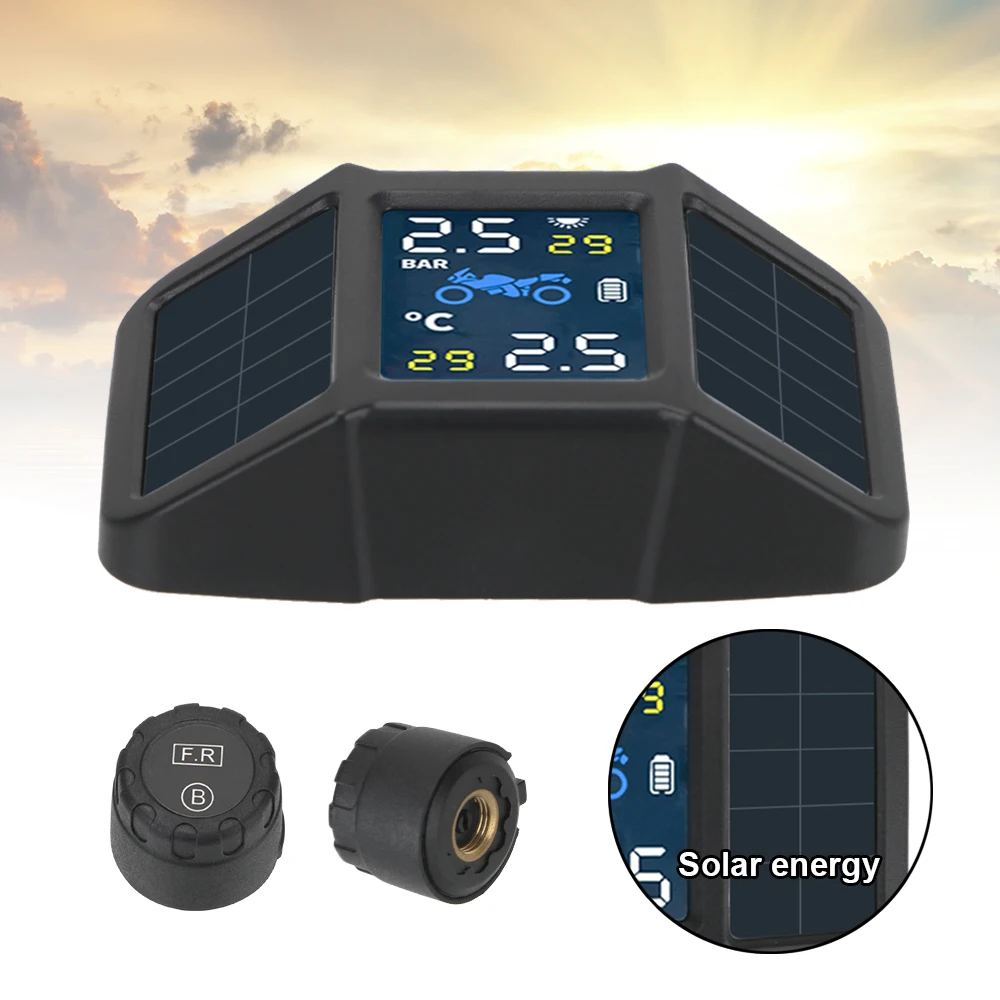 

Motorcycle TPMS Solar Gauge Tire Pressure Test Tyre Tester 2 Sensors LCD Display Monitoring Alarm System With Holder Accessories