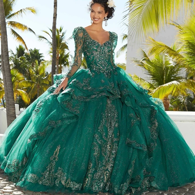 

Lorencia Mexico Emerald Green Sweetheart Quinceanera Dress Sequins Beaded with Long Sleeve Appliques Lace Sweet 16 Dress YQD336
