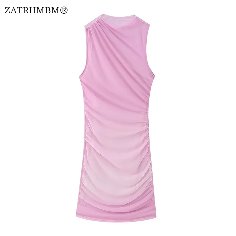 

ZATRHMBM Women 2023 Summer New Fashion Printed Tulle Dress Vintage Sleeveless Fold Female Dresses Vestidos Mujer