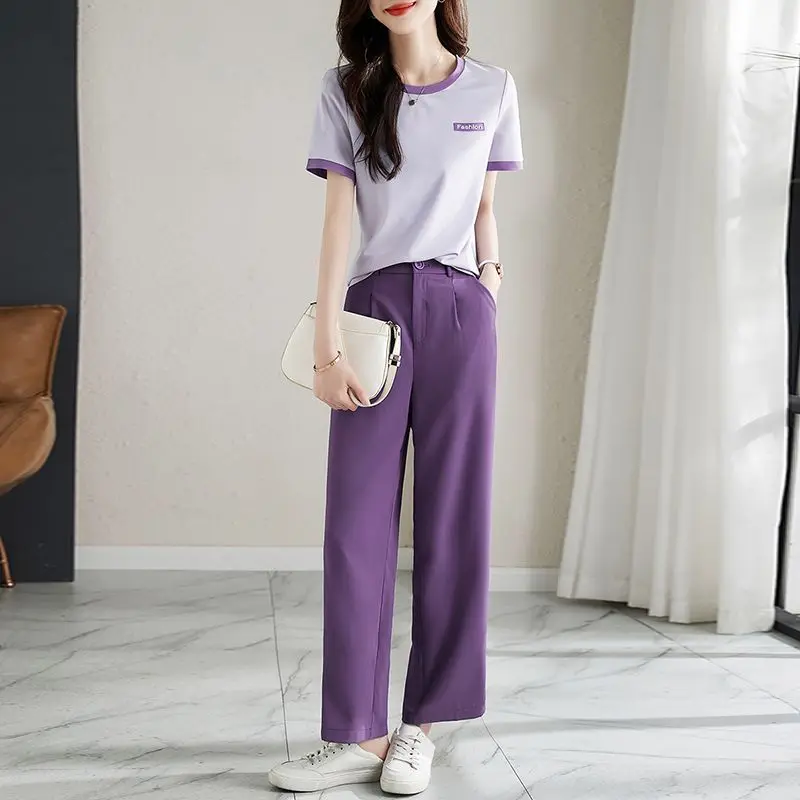 

Purple Casual Sets for Women's 2023 Summer New Style Round Neck Short Sleeved Long Pants Look Slim Versatile Two-piece Set