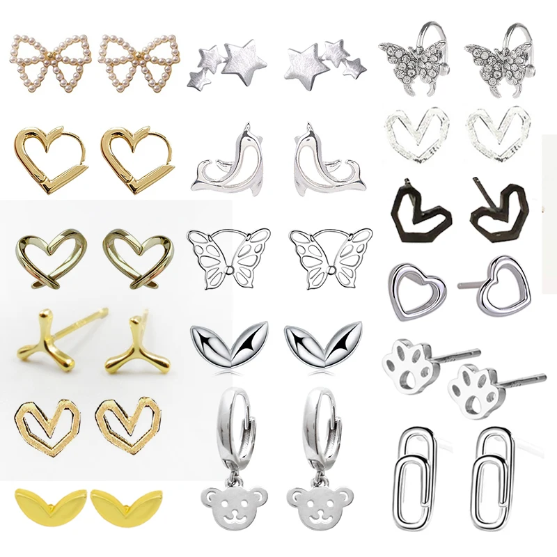 Модные серьги-гвоздики в форме сердца лука бабочки Дельфина звезды медведя кошки