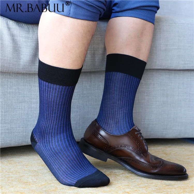Men's Business Formal Dress Socks Middle Tube Elastic Sheer Stocking Fashion Striped Comfortable Cotton Socks for Male Men