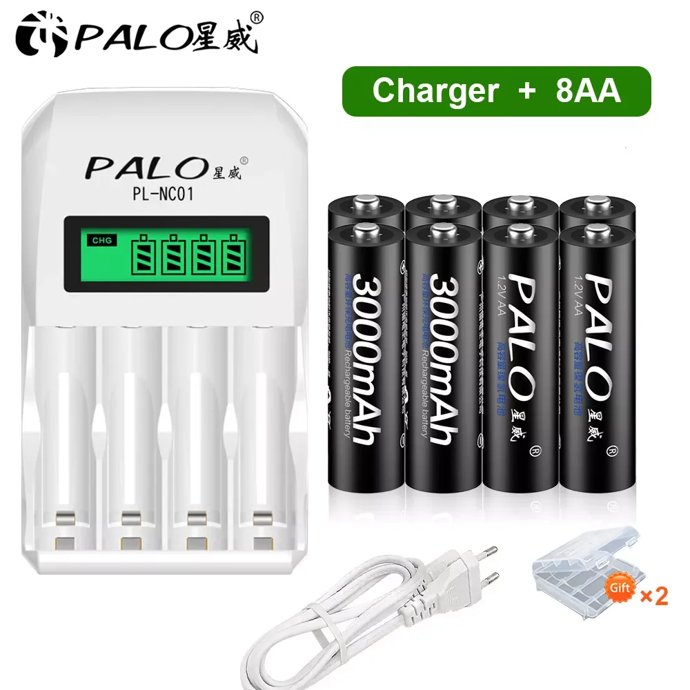 

PALO 1.2V AA Rechargeable Batteries 3000mAh Ni-MH AA Rechargeble Battery with LCD display smart battery charger for toy car