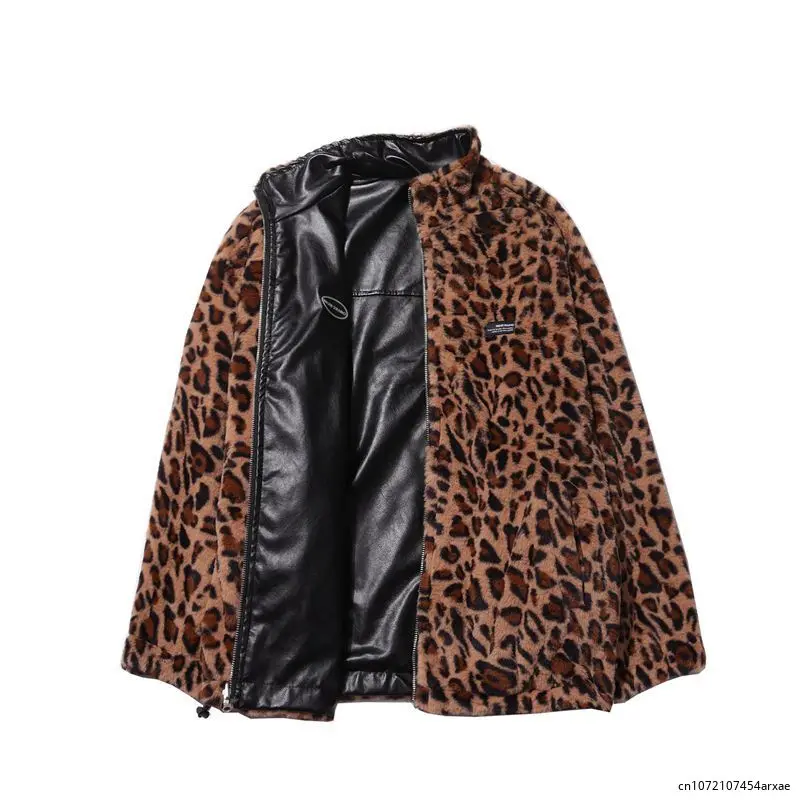 Двусторонняя плюшевая куртка с воротником-стойкой и леопардовым принтом зимняя
