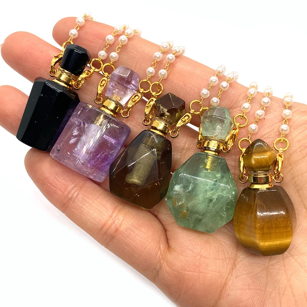 Fashion Natural Stone Amethyst Tiger Eye Stone Perfume Bottle Necklace Women Essential Oil Diffuser Pendant DIY Necklace Jewelry