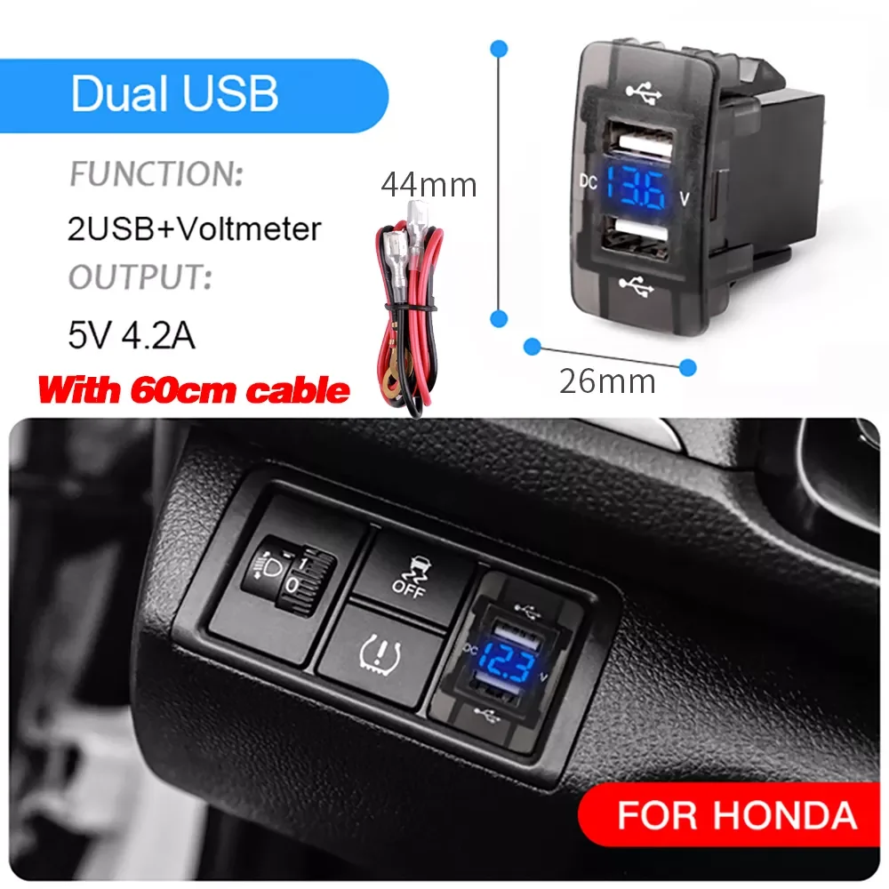 

12V-24V 4.2A Dual Usb Car Charger For Honda 2 USB Port Auto Adapter LED Voltmeter Socket For Honda CIVIC CROSSTOUR CRV ODYSSEY