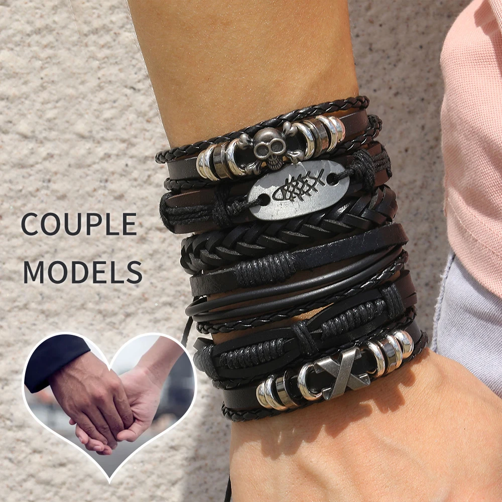 

Fashion Bracelet Viking Bracelet For Men Hand Bracelets Woven Skull Hand Jewelry Adjustable Leather Set Bracelet For Leather