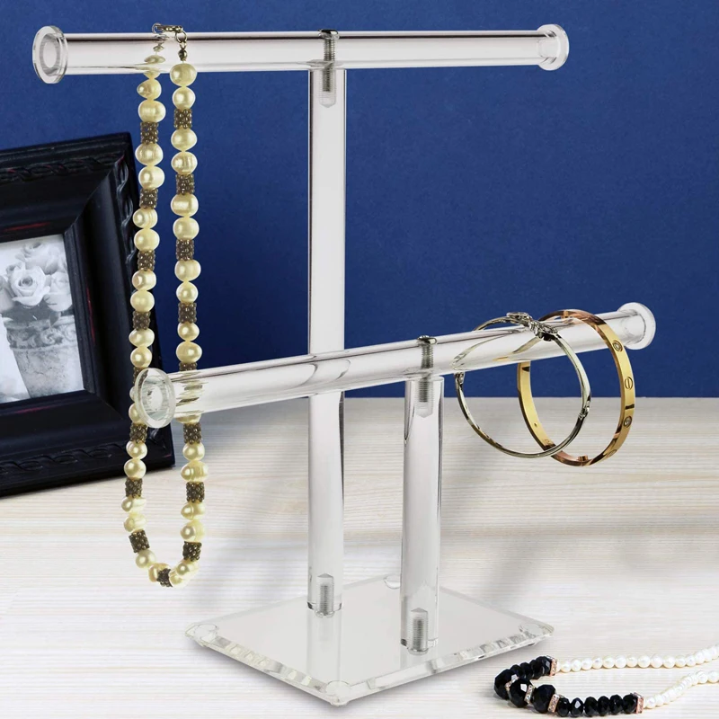 Fashion Clear Acrylic Round Bracelet Display Holder 2 Tier T-Bar Jewelry Display Bracelet Display Holder Stand Display Organizer