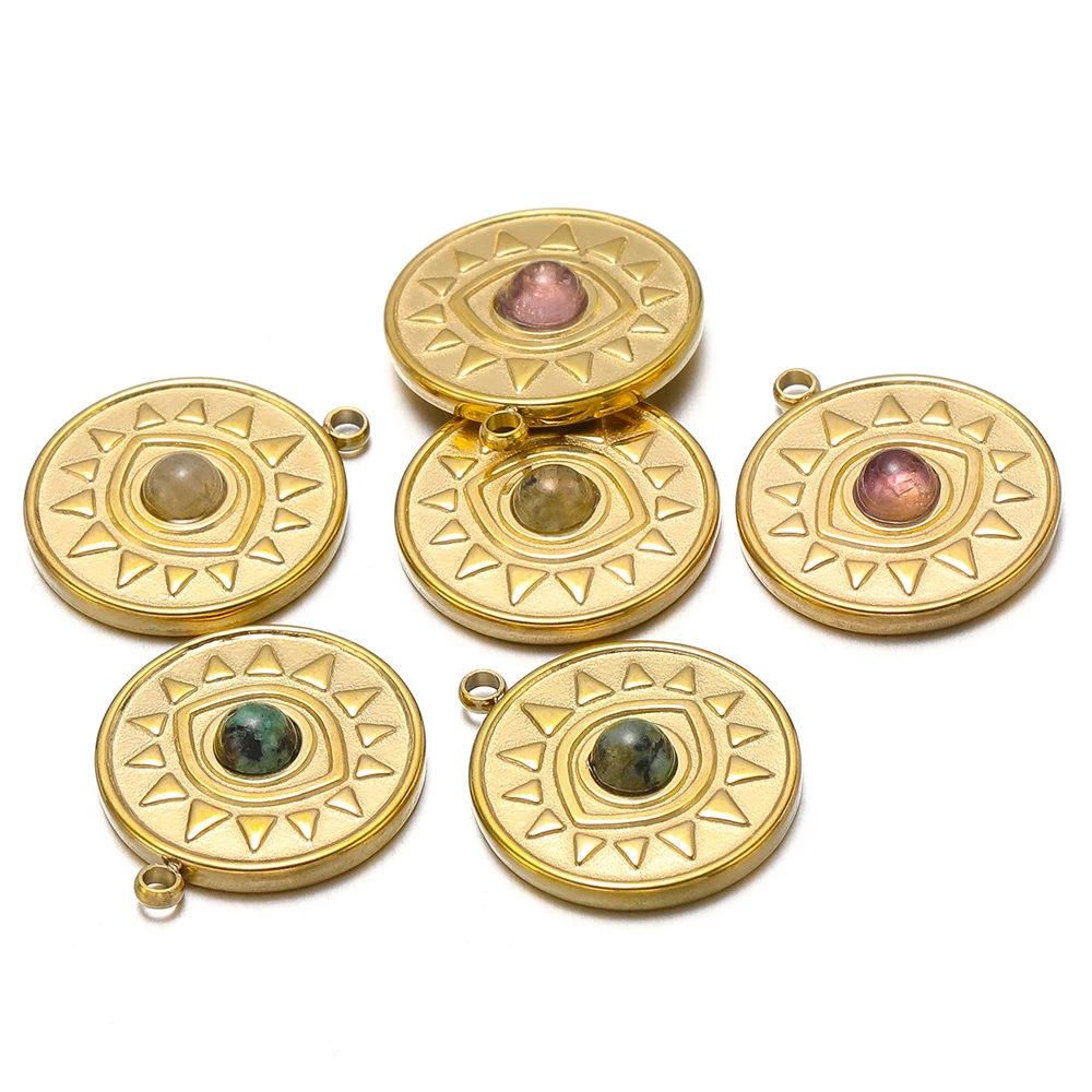 

5pcs Gold Color Stainless Steel Natural Stone Boho Turkish Eyes Charms Pendants for DIY Jewelry Making Necklace Bulk Wholesale