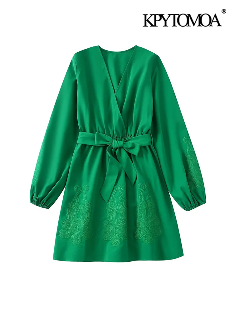 

KPYTOMOA женское модное с поясом Контрастная вышивка мини-платье винтажное с V-образным вырезом и длинным рукавом Женские платья Vestidos Mujer