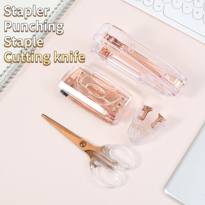 

Simple Acrylic Scissors Transparent Rose Gold Stapler Puncher Nail Lifter Frosted Colorful Scissors Household Office Supplies