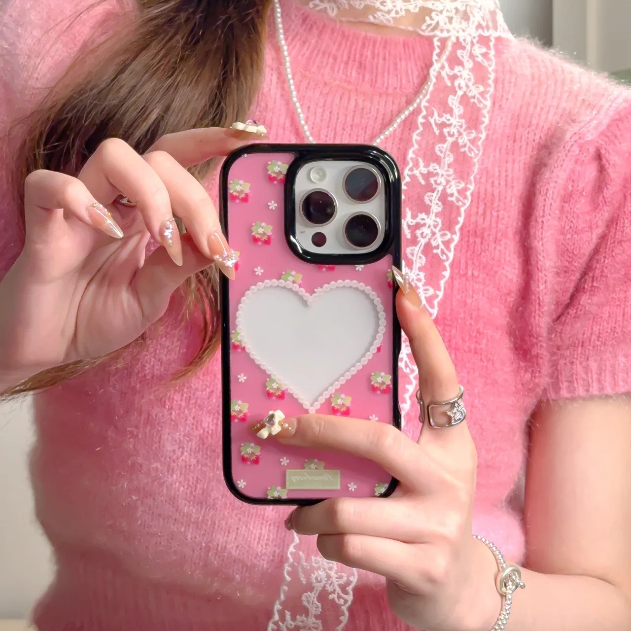 Чехол Ins Style Pink Love Heart Pearl с клубникой для телефона iphone 16 Pro Max 15 14 13 чехол в подарок