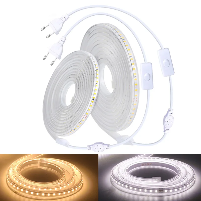 

220V LED Strip Lights 2835 Flexible Led Light 120LEDs/m Waterproof Kitchen Outdoor Garden Led Tape White Warm Switch Power Plug