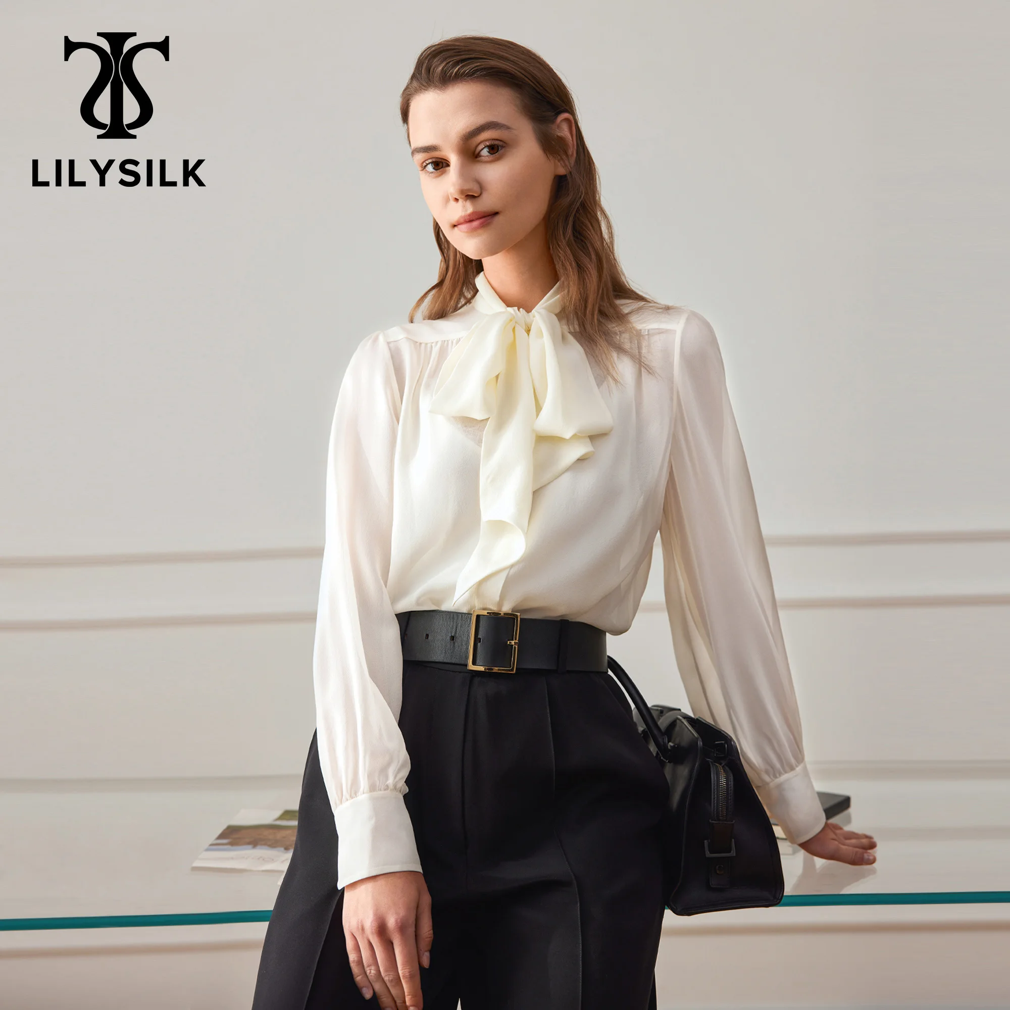 

LILYSILK Silk Sheer Shirt 2022 Women New Spring 18 Momme Long Sleeve Bow-Tie Blouse Office Lady Essential Top Free Shipping