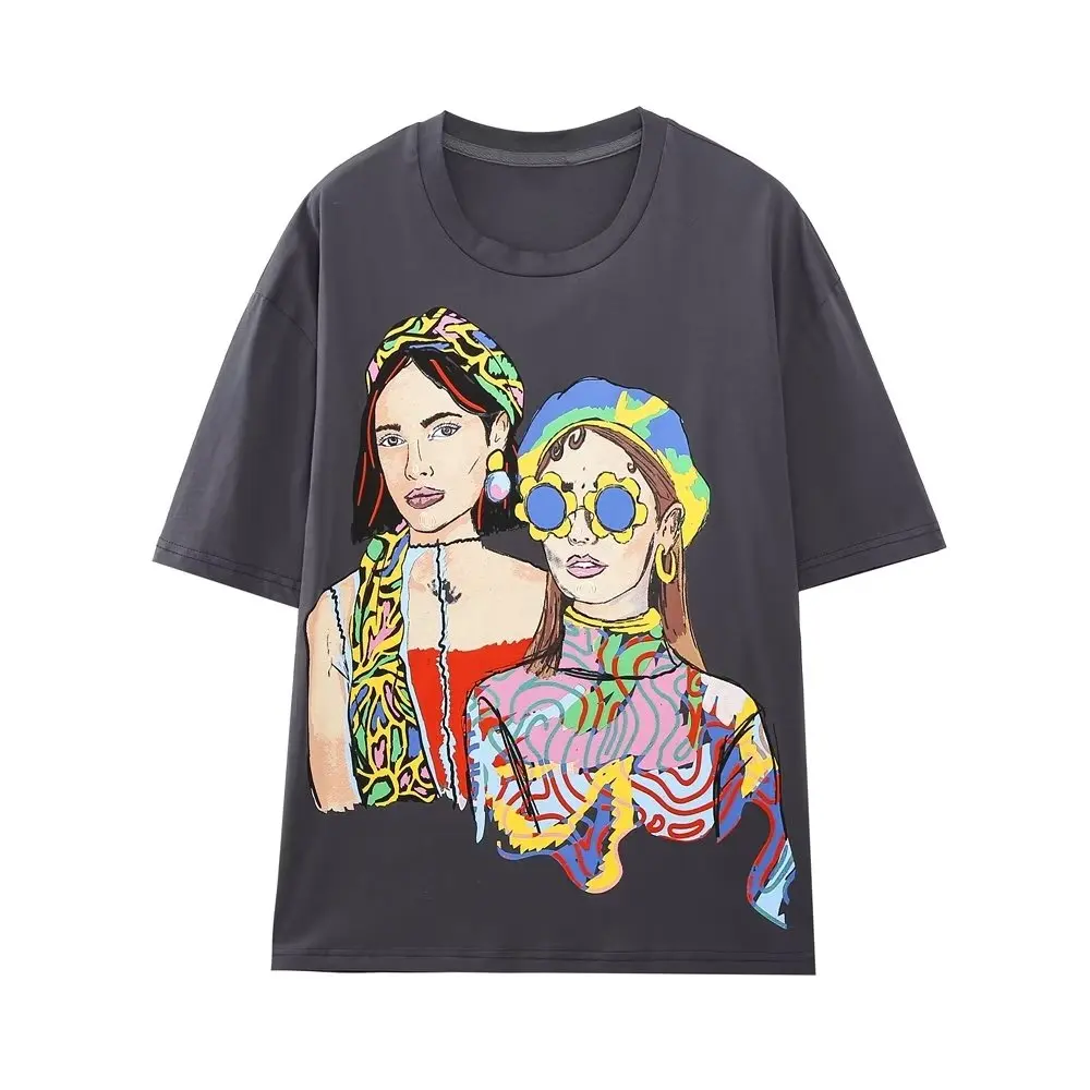 

New summer female dark grey T-shirt girl pattern printed T-shirt casual loose base T-shirt